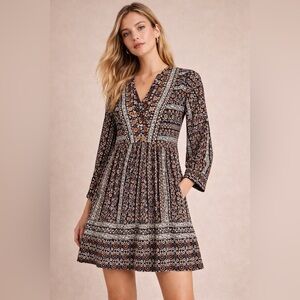 Maeve Black and Cream Long Sleeve Dress